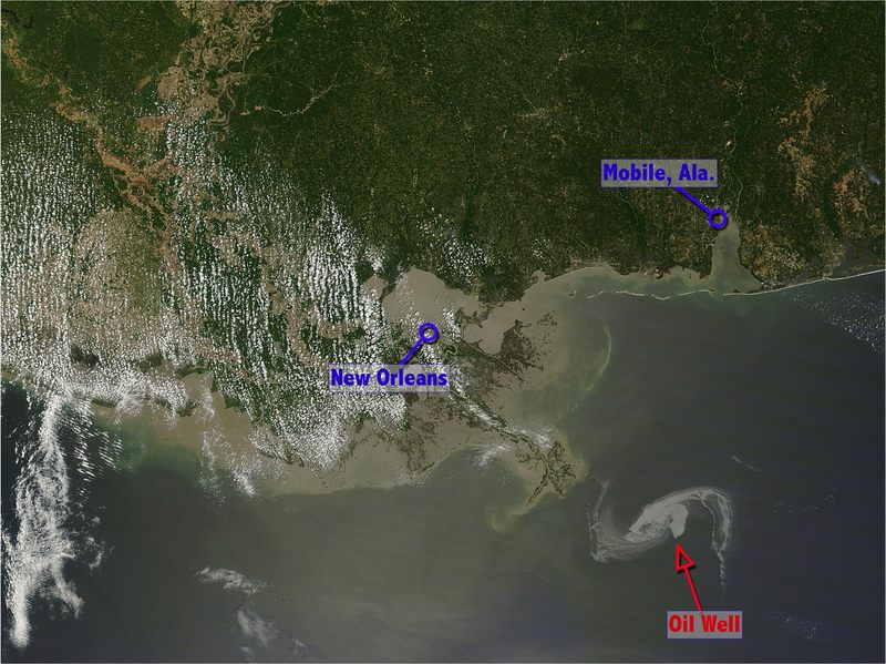 A true color image of the oil slick approaching the Louisiana coast (4/29)